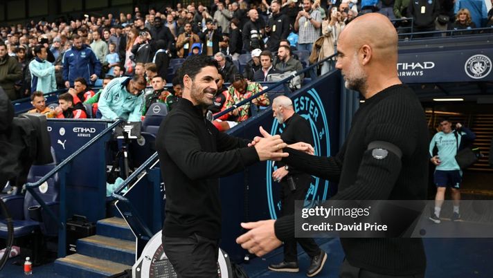 Arteta e Guardiola durante la scorsa partita fra Arsenal e City