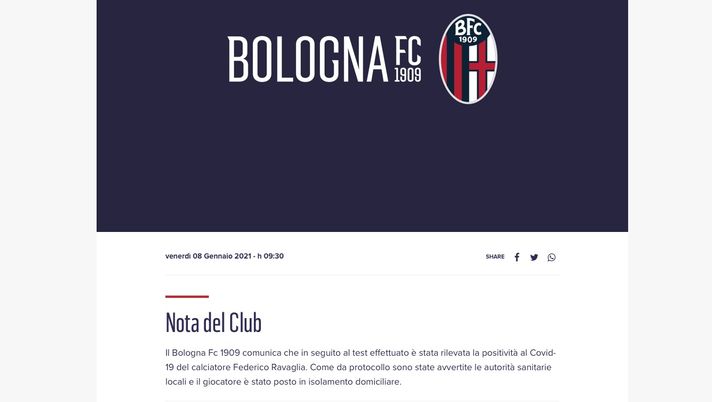 Tegola Covid per il Bologna: Ravaglia positivo al tampone - immagine 1
