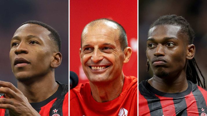 Pervis Estupinan, Massimiliano Allegri e Rafael Leao (AC Milan)