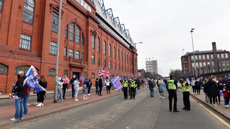 GLASGOW, SCOTLAND - MARCH 07: A general view outside the stadium as Rangers fans, gather outside the Ibrox Stadium, to celebrate their team winning the Scottish Premiership title on March 07, 2021 in Glasgow, Scotland. (Photo by Mark Runnacles/Getty Images)