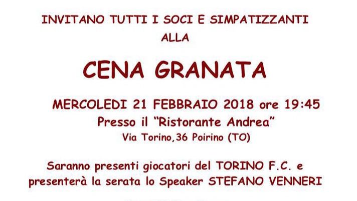 Toro Club, il 21 febbraio a Poirino la Cena Granata - immagine 1