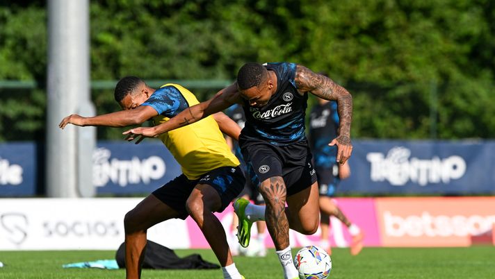 DIMARO, ITALY - JULY 13: SSC Napoli player Natan Bernardo de Souza and Juan Jesus during the afternoon training session at Dimaro Sport Center, on July 13 2024 in Dimaro, Italy. (Photo by SSC NAPOLI/SSC NAPOLI via Getty Images) juan jesus natan