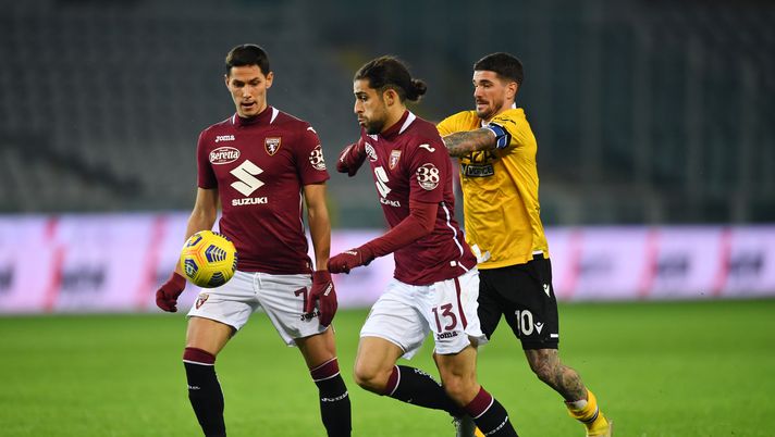 TURIN, ITALY - DECEMBER 12: Sasa Lukic and Ricardo Rodriguez of Torino F.C. battle for possession with Rodrigo De Paul of Udinese Calcio during the Serie A match between Torino FC and Udinese Calcio at Stadio Olimpico di Torino on December 12, 2020 in Turin, Italy. Sporting stadiums around Italy remain under strict restrictions due to the Coronavirus Pandemic as Government social distancing laws prohibit fans inside venues resulting in games being played behind closed doors. (Photo by Valerio Pennicino/Getty Images) Rodriguez prima di Roma-Torino: “Il ritiro? Proprio non mi piace” - immagine 1