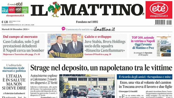 PRIMA PAGINA IL MATTINO OGGI: “Caso Lukaku, solo 5 gol. Prestazioni deludenti, il Napoli cerca un bomber” prima pagina il mattino oggi
