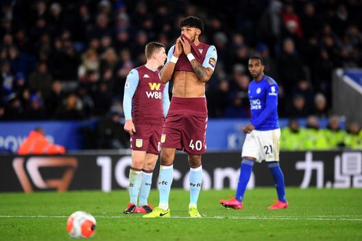 LEICESTER, ENGLAND - MARCH 09: Tyrone Mings of Aston Villa looks dejected after conceding a penalty during the Premier League match between Leicester City and Aston Villa at The King Power Stadium on March 09, 2020 in Leicester, United Kingdom. (Photo by Michael Regan/Getty Images) premier league