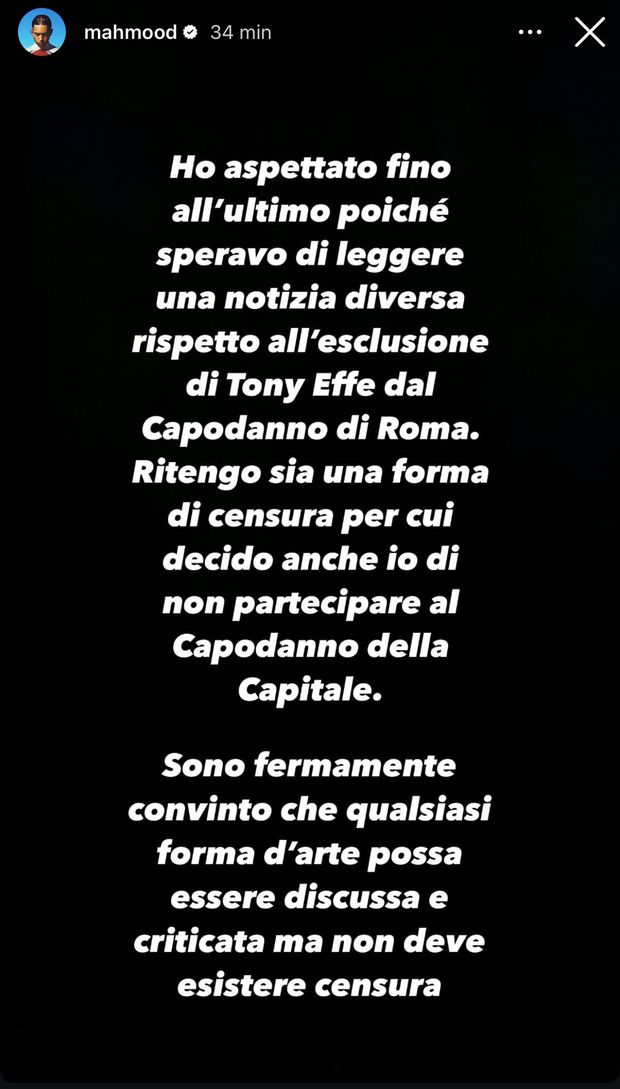 Concerto Capodanno Roma, Mahmood: “Esclusione Tony Effe? È censura, anche io non partecipo”- immagine 2