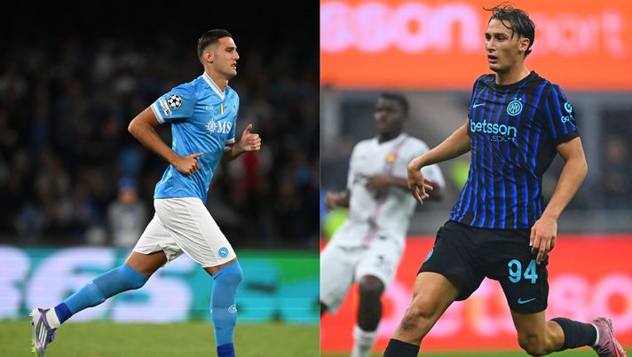 Lorenzo Lucca in Napoli-Sporting (Francesco Pecoraro/Getty Images); Pio Esposito in Inter-Cremonese (Mattia Pistoia - Inter/Inter via Getty Images) Lucca Esposito Napoli-Inter