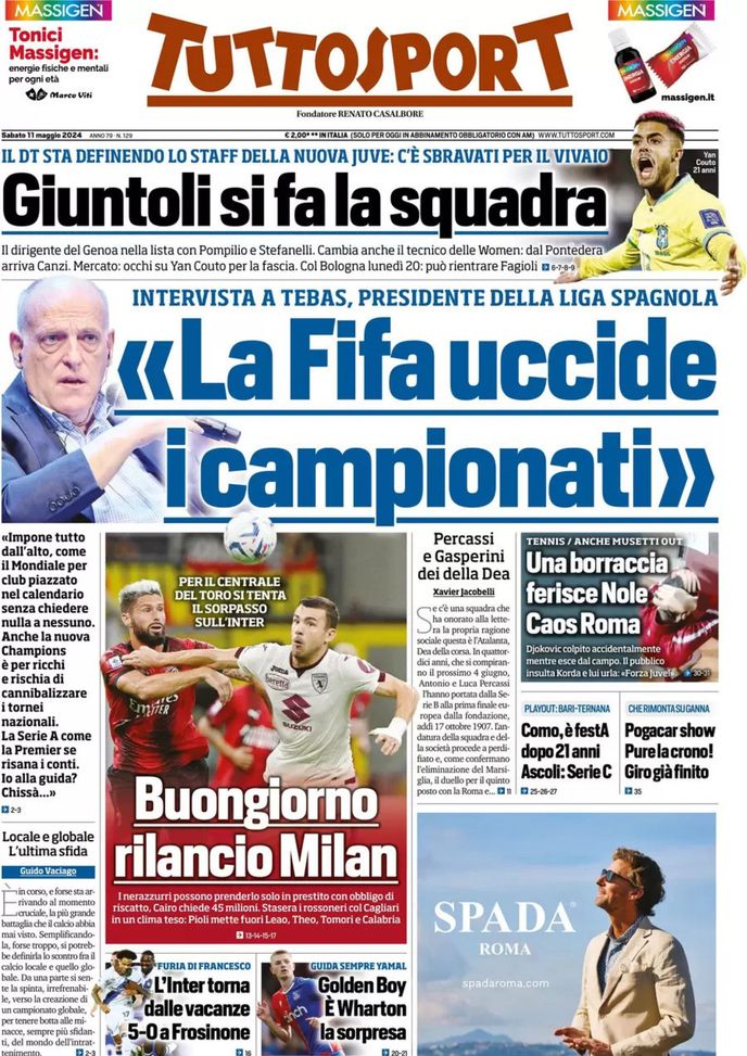 Tuttosport, la prima pagina di oggi, sabato 11 maggio 2024 Tuttosport