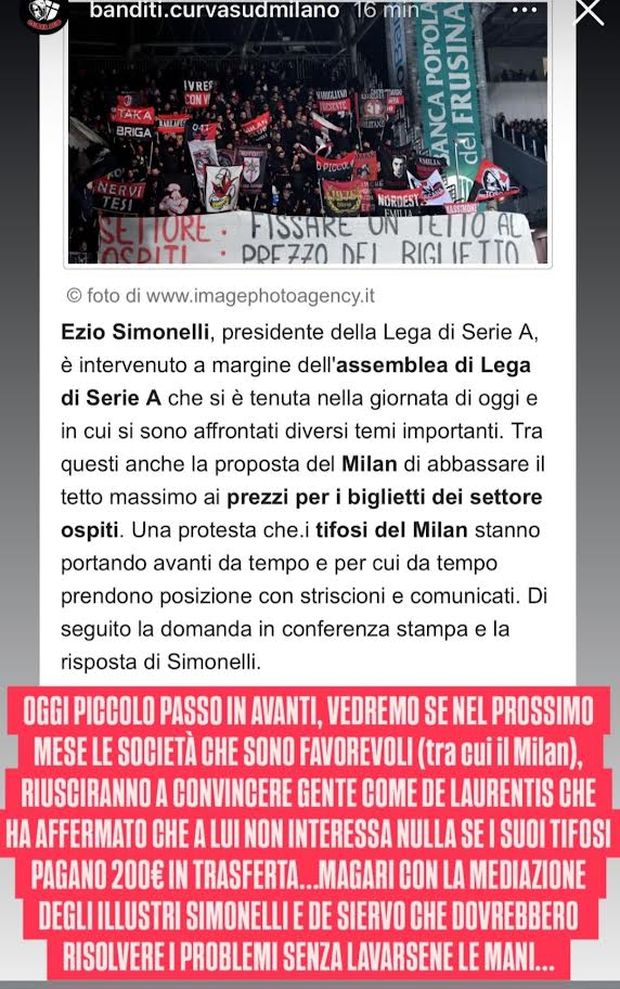 Tetto al prezzo dei biglietti settore ospiti, l'intervento della Curva rossonera Tetto ai biglietti Settore ospiti come il rinvio di Bologna-Milan: alleanze condominiali