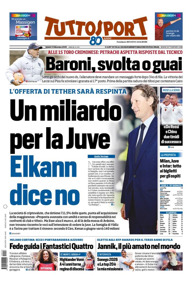 Tuttosport, la prima pagina di oggi, sabato 13 dicembre 2025 Tuttosport