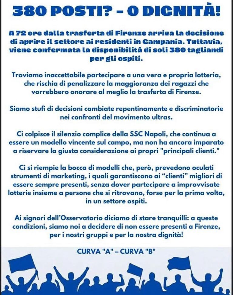 Ultras Napoli: “Non andremo in trasferta a Firenze! Silenzio complice del Napoli”- immagine 2