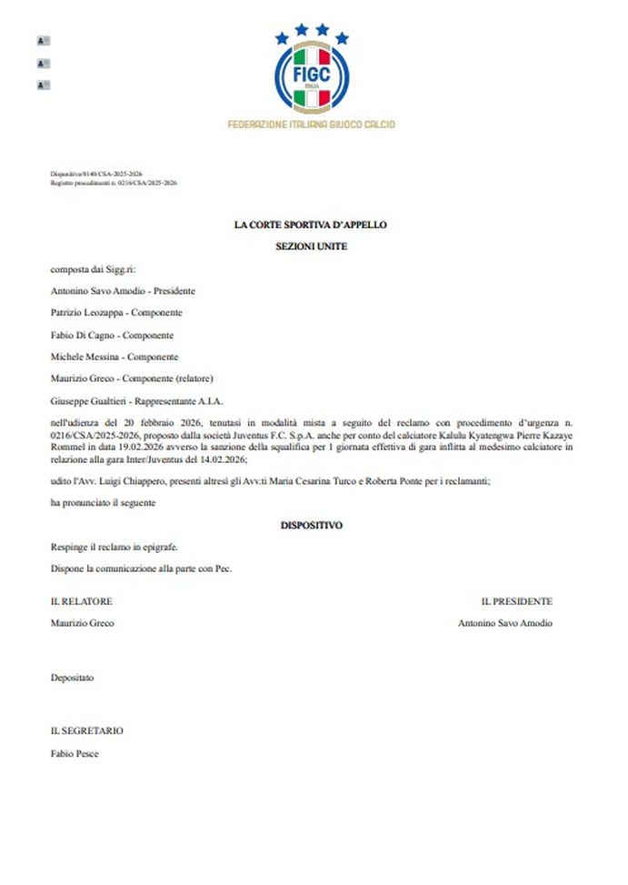 La risposta della FIGC alla Juve (figc.it) UFFICIALE – FIGC respinge ricorso Juve: il rosso a Kalulu resta così come la squalifica- immagine 2