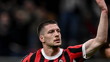 MILAN, ITALY - APRIL 05: Luka Jovic of AC Milan celebrates his goal during the Serie A match between Milan and Fiorentina at Stadio Giuseppe Meazza on April 05, 2025 in Milan, Italy. (Photo by Image Photo Agency/Getty Images)