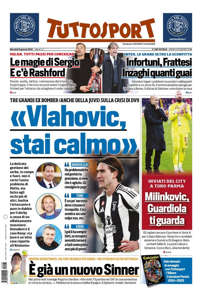 Tuttosport, la prima pagina di oggi, mercoledì 8 gennaio 2025 Tuttosport