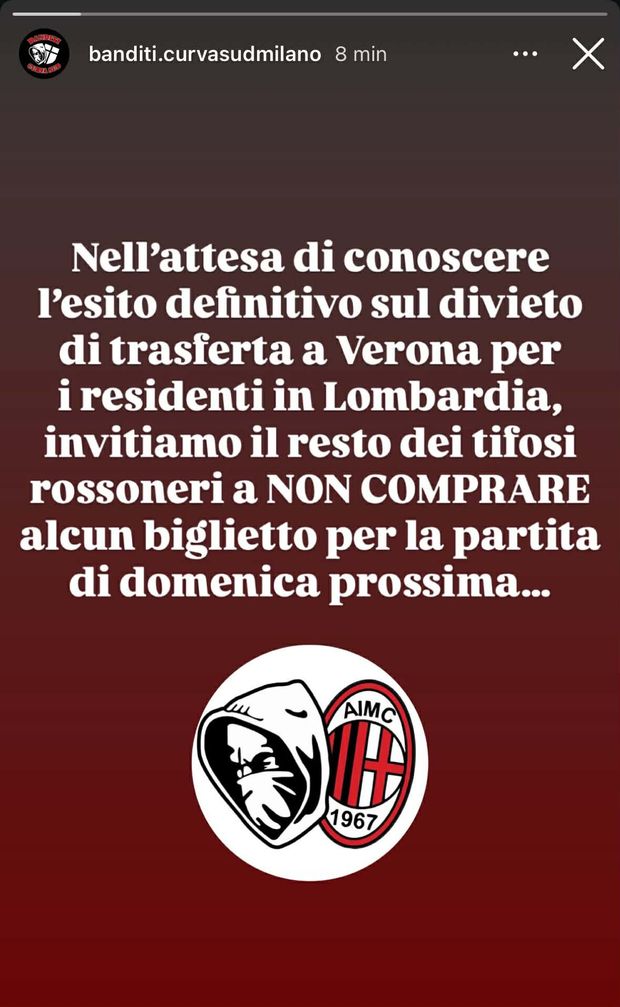 Vietata la trasferta per Verona-Milan, l’appello della Curva Sud: “Non comprate i biglietti”- immagine 2