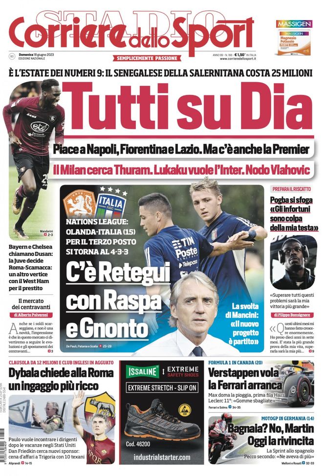 Prima pagina Corriere dello Sport 18-06-2023