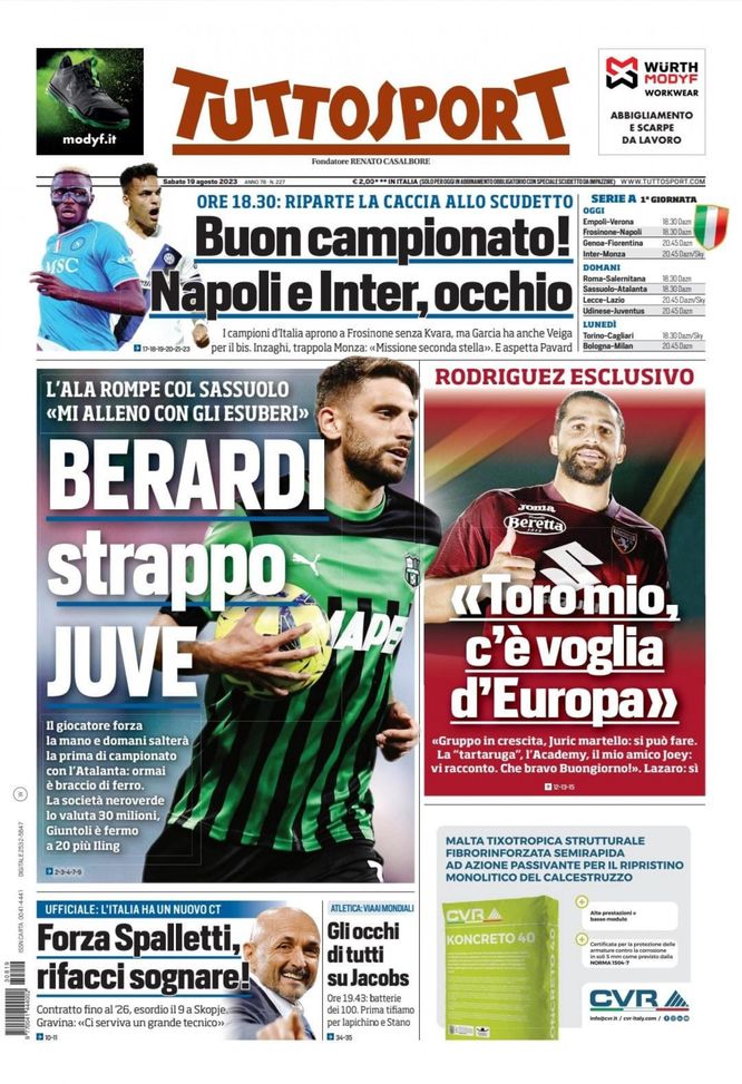 Prima Pagina Tuttosport: “Berardi, Strappo Juve” - Pianeta Milan