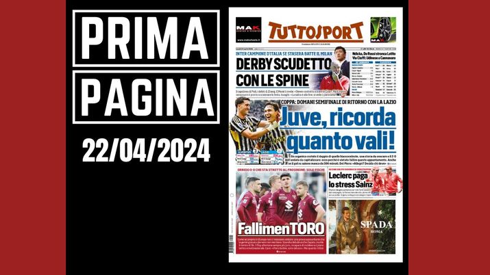Prima pagina Tuttosport: derby Milan-Inter. Scudetto con le spine