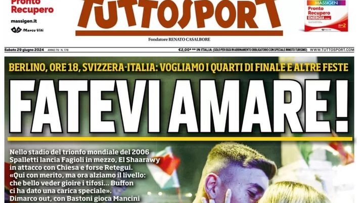 PRIMA PAGINA TUTTOSPORT OGGI: “Berlino ore 18, Svizzera-Italia: fatevi amare!” prima pagina tuttosport oggi