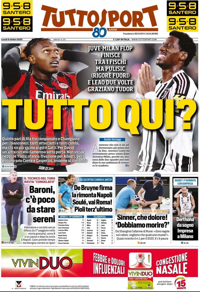 Prima Pagina Tuttosport: “Juventus-Milan, tutto qui? Sinner, che dolore!”- immagine 2