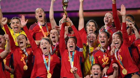 SYDNEY, AUSTRALIA - AUGUST 20: Ivana Andres of Spain lifts the FIFA Women's World Cup Trophy following victory in during the FIFA Women's World Cup Australia & New Zealand 2023 Final match between Spain and England at Stadium Australia on August 20, 2023 in Sydney, Australia. (Photo by Justin Setterfield/Getty Images)