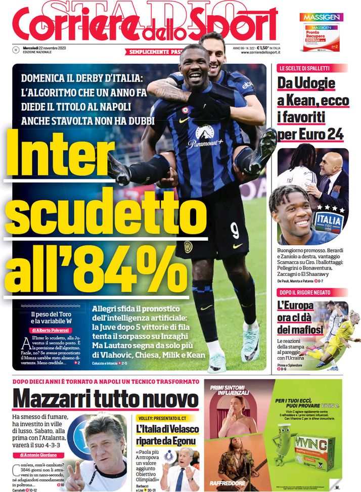 Il Corriere dello Sport, la prima pagina di oggi, mercoledì 22 novembre 2023 Il Corriere dello Sport