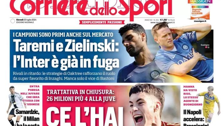 PRIMA PAGINA CORRIERE DELLO SPORT OGGI: “Il Napoli accelera: Brescianini” prima pagina corriere dello sport oggi