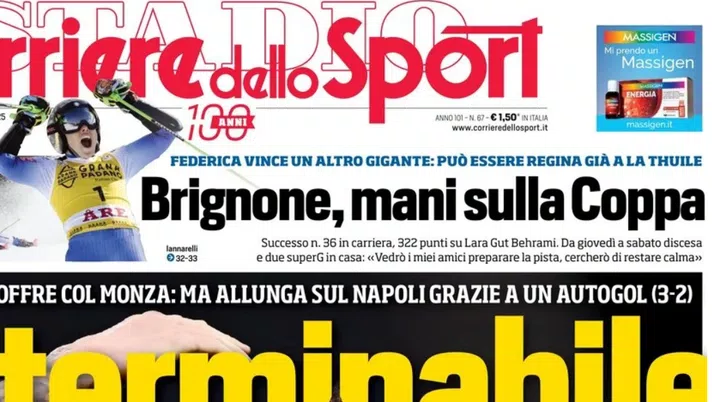 PRIMA PAGINA CORRIERE DELLO SPORT OGGI: “L’Inter allunga sul Napoli con un autogol” - immagine 1