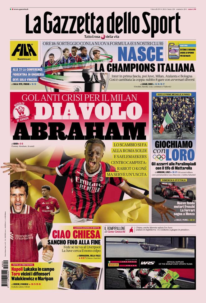 La Gazzetta dello Sport, la prima pagina di oggi, giovedì 29 agosto 2024