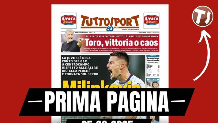 Prima pagina Tuttosport: 'Juventus, Milinkovic-Savic tappa il buco a centrocampo'