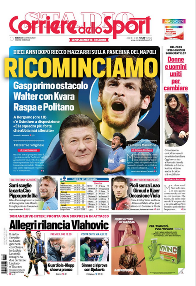 La prima pagina de Il Corriere dello Sport 25/11/2023