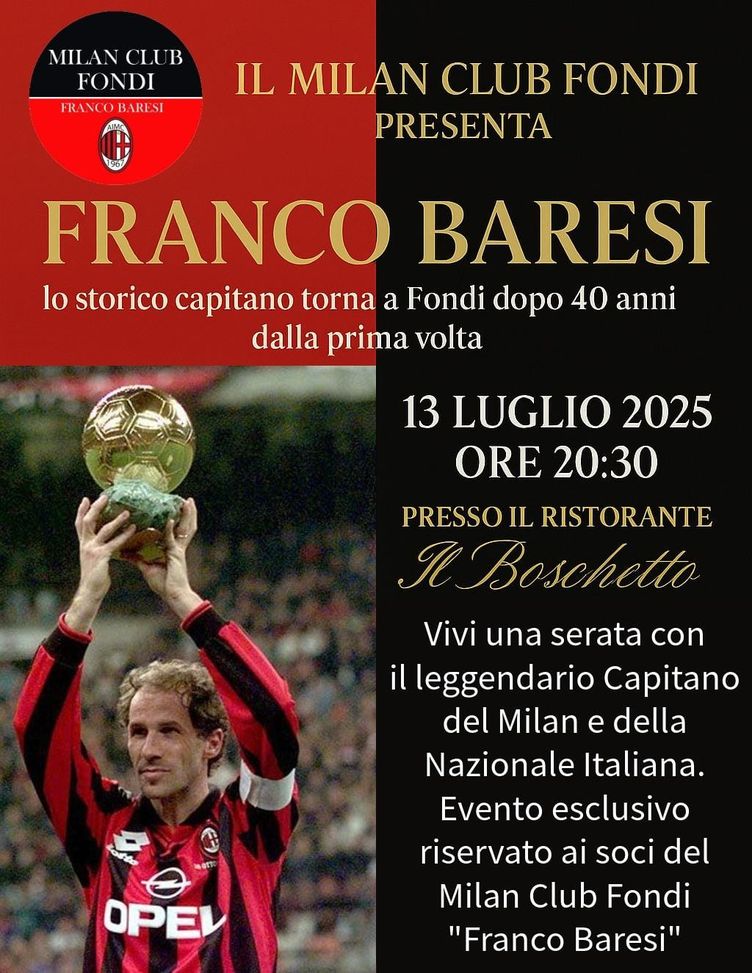 Franco Baresi ospite d’onore del Milan Club Fondi per i 40 anni dalla fondazione- immagine 2