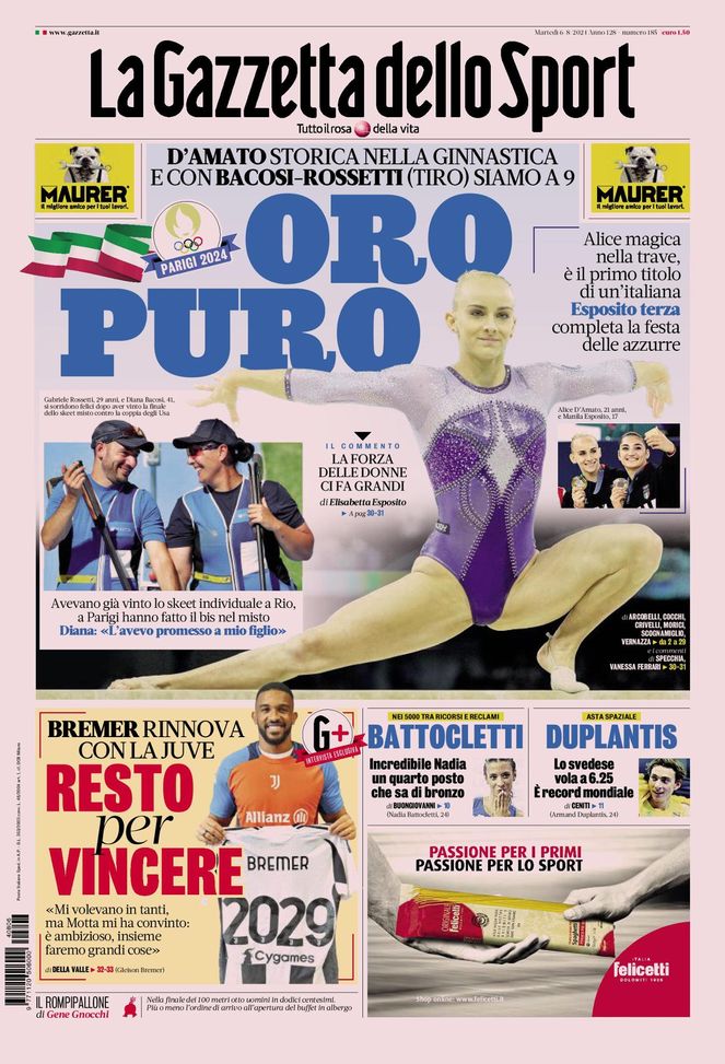 La Gazzetta dello Sport, la prima pagina di oggi, martedì 6 agosto 2024