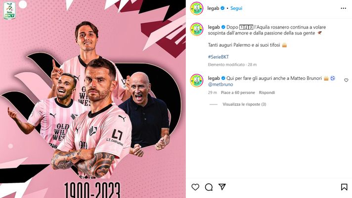 Palermo, club fa 123 anni. Lega B: “Aquila vola ancora spinta dall’amore dei tifosi”  Palermo calcio