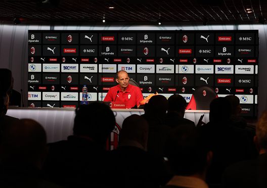 CAIRATE, ITALY - OCTOBER 04: Head coach AC Milan Massimiliano Allegri speaks with the media during press conference at Milanello on October 04, 2025 in Cairate, Italy. (Photo by Claudio Villa/AC Milan via Getty Images) Allegri Tudor