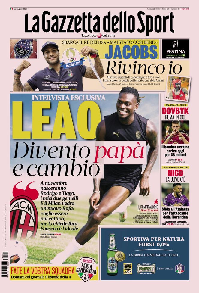 La Gazzetta dello Sport, la prima pagina di oggi, giovedì 1° agosto 2024 La Gazzetta dello Sport