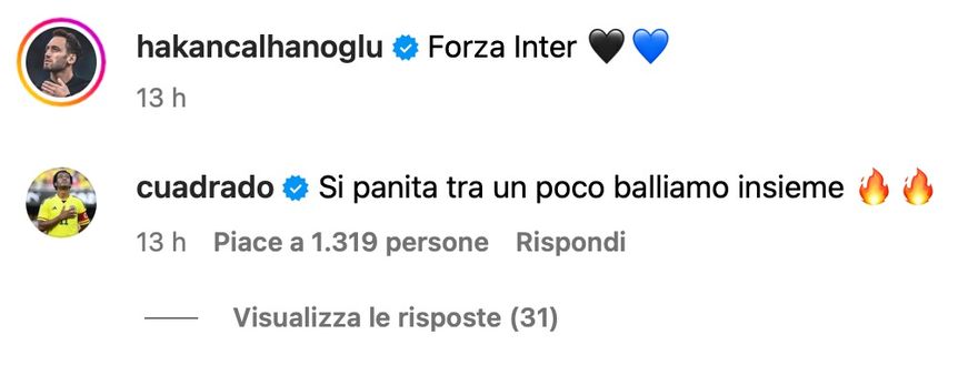Inter, Calhanoglu esulta ballando. E Cuadrado commenta: “Panita, tra poco…”- immagine 3