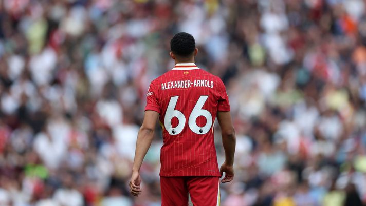 LIVERPOOL, ENGLAND - MAY 11: Trent Alexander-Arnold of Liverpool looks on during the Premier League match between Liverpool FC and Arsenal FC at Anfield on May 11, 2025 in Liverpool, England. (Photo by Carl Recine/Getty Images) alexander-arnold