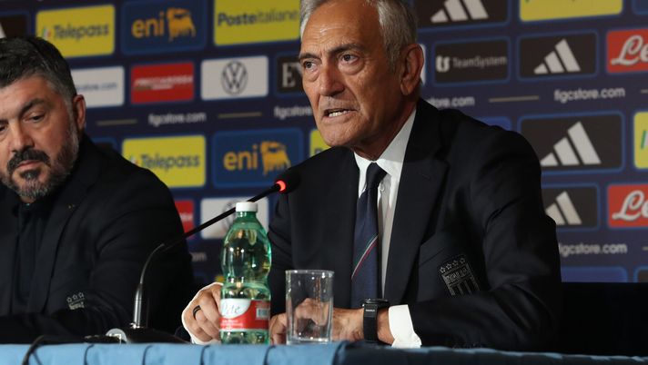 ROME, ITALY - JUNE 19: Italy new head coach Gennaro Gattuso and FIGC president Gabriele Gravina attend the press conference at Hotel Parco dei Principi on June 19, 2025 in Rome, Italy. (Photo by Paolo Bruno/Getty Images) Gravina