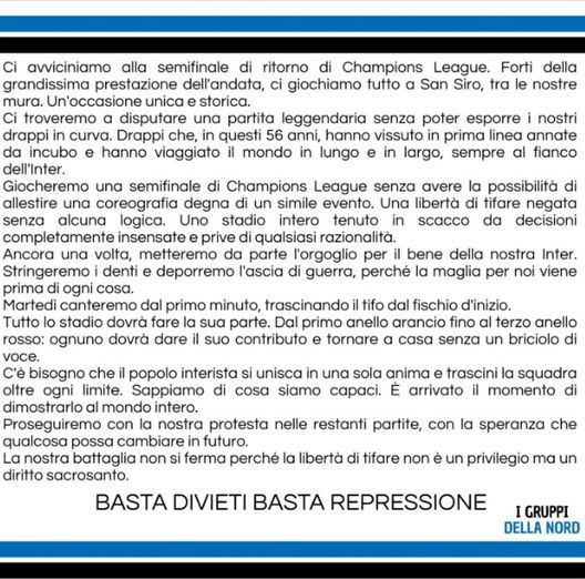 I gruppi della Nord: “A Inter-Barcellona tutto lo stadio faccia la sua parte. Servirà una sola anima”- immagine 3