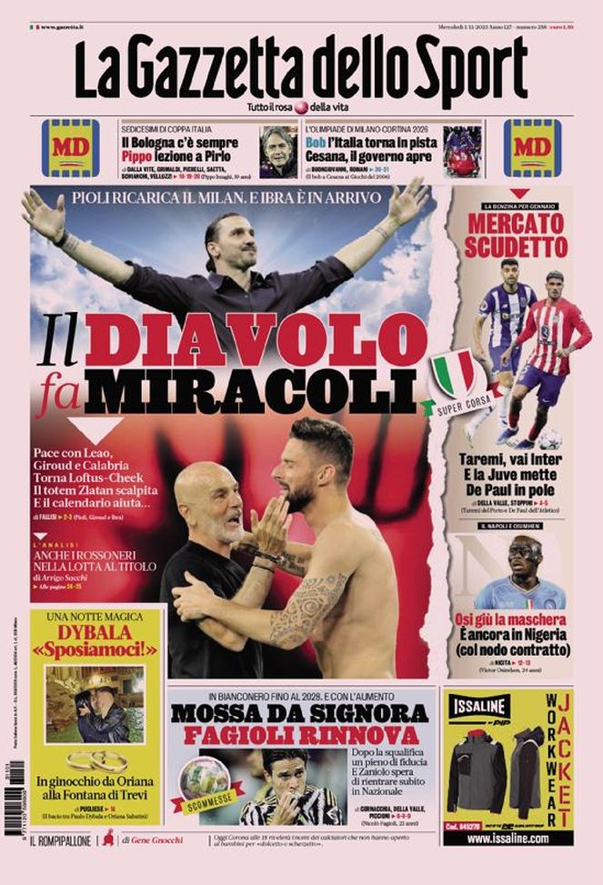 La Gazzetta dello Sport, la prima pagina di oggi, mercoledì 1° novembre 2023 La Gazzetta dello Sport