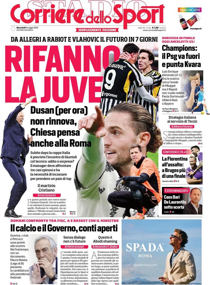 Il Corriere dello Sport, la prima pagina di oggi, mercoledì 8 maggio 2024 Il Corriere dello Sport