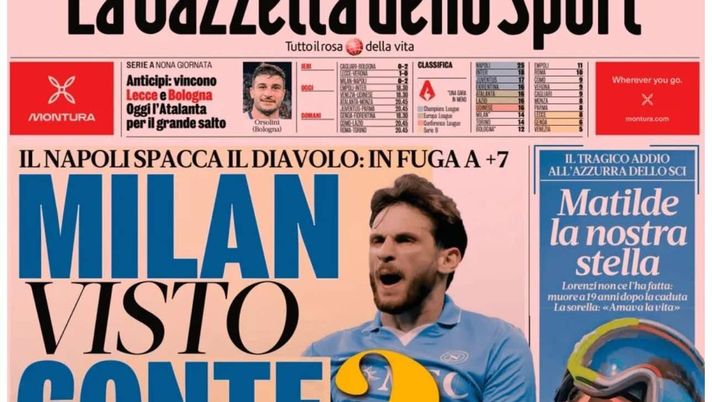 PRIMA PAGINA GAZZETTA DELLO SPORT: “Il Napoli spacca il Diavolo: in fuga a +7” PRIMA PAGINA GAZZETTA DELLO SPORT OGGI: “Inzaghi al rinnovo, ci metto la firma”