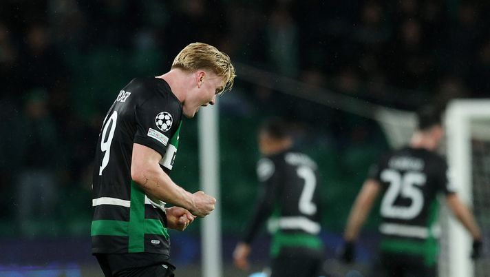 LISBON, PORTUGAL - JANUARY 29: Conrad Harder of Sporting CP celebrates victory after the UEFA Champions League 2024/25 League Phase MD8 match between Sporting Clube de Portugal and Bologna FC 1909 at Estadio Jose Alvalade on January 29, 2025 in Lisbon, Portugal. (Photo by Carlos Rodrigues/Getty Images) milan-harder-visite-mediche-jimenez-fabrizio-romano-matteo-moretto-rassegna-stampa-calciomercato-news-ultima-ora