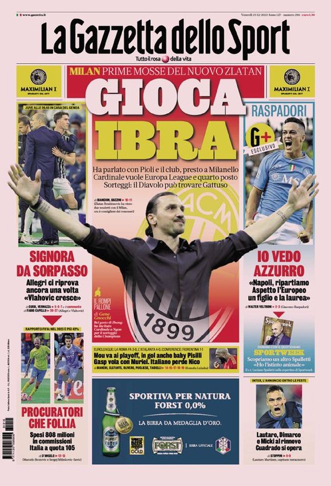 La prima pagina de La Gazzetta dello Sport 15/12/2023
