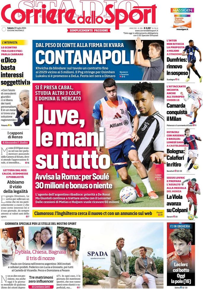 Il Corriere dello Sport, la prima pagina di oggi, sabato 20 luglio 2024