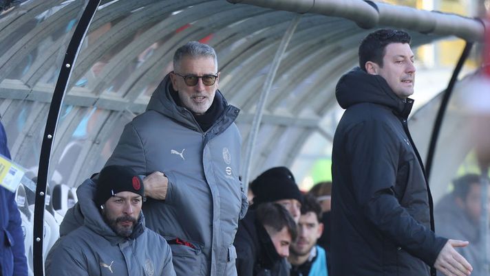SIENA, ITALY - FEBRUARY 15: Mauro Tassotti and Daniele Bonera manager of Milan Futuro reacts during the Serie C match between Pianese and Milan Futuro on February 15, 2025 in Siena, Italy. (Photo by Gabriele Maltinti - AC Milan/AC Milan via Getty Images) Tassotti Milan Futuro