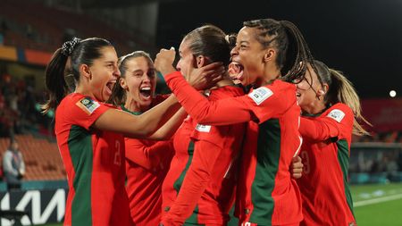 HAMILTON, NEW ZEALAND - JULY 27: Telma Encarnacao (C) of Portugal celebrates with teammates after scoring her team's first goal during the FIFA Women's World Cup Australia & New Zealand 2023 Group E match between Portugal and Vietnam at Waikato Stadium on July 27, 2023 in Hamilton, New Zealand. (Photo by Phil Walter/Getty Images)