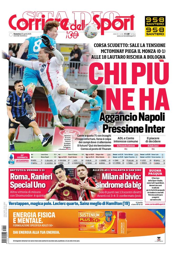 Il Corriere dello Sport, la prima pagina di oggi, domenica 20 aprile 2025