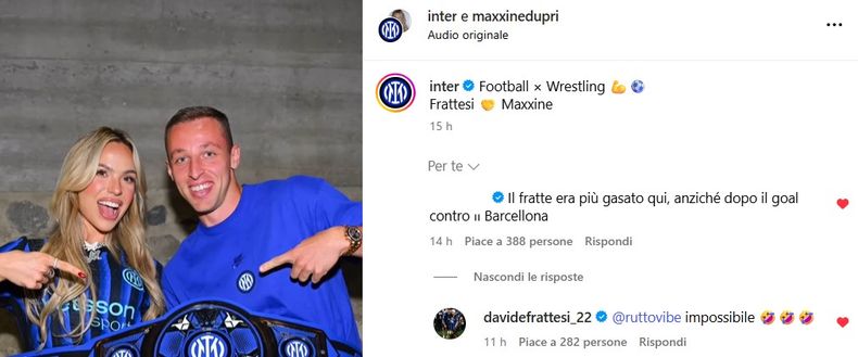 Frattesi in posa con Maxxine. Un tifoso: “Più gasato del goal contro il Barça”. La replica di Davide- immagine 2